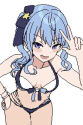 Rule 34 | 1girl, bikini, blue eyes, blue hair, blush, breasts, cleavage, hair ornament, hand on own hip, hand up, hololive, hoshimachi suisei, leaning forward, looking at viewer, navel, open mouth, pixel art, side ponytail, simple background, small breasts, smile, solo, star (symbol), star hair ornament, stomach, swimsuit, virtual youtuber, w, wavy hair, white background, zou eita