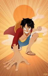 Rule 34 | 1boy, absurdres, artist name, black hair, clenched hand, clenched teeth, commentary, facial scar, full body, hat, highres, looking at viewer, male focus, monkey d. luffy, nicoleknives, one piece, open clothes, red shirt, sandals, scar, scar on cheek, scar on chest, scar on face, shirt, short hair, smile, solo, straw hat, teeth, unworn hat, unworn headwear