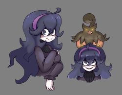 Rule 34 | 1girl, :&gt;, @ @, ahoge, black hair, breasts, closed mouth, commentary, creatures (company), dress, game freak, gen 6 pokemon, grey background, grey eyes, hair between eyes, hairband, hand up, hex maniac (pokemon), highres, kurt robinson, long hair, long sleeves, looking at viewer, messy hair, multiple views, nintendo, on head, open mouth, pokemon, pokemon (creature), pokemon on head, pokemon xy, pumpkaboo, purple hairband, simple background, smile, upper body