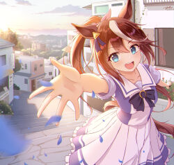 Rule 34 | 1girl, absurdres, animal ears, blue eyes, bow, breasts, brown hair, commentary, cup, dated, disposable cup, drinking straw, ear ornament, fritz614, hair between eyes, highres, holding, holding cup, horse ears, horse girl, horse tail, light blush, long hair, looking at viewer, medium breasts, multicolored hair, open mouth, outdoors, outstretched hand, petals, petticoat, pleated skirt, ponytail, puffy short sleeves, puffy sleeves, purple bow, school uniform, short sleeves, signature, skirt, smile, solo, stairs, streaked hair, symbol-only commentary, tail, teeth, tokai teio (umamusume), tracen school uniform, umamusume, upper teeth only, white hair, white skirt