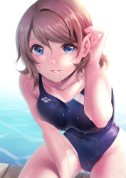 Rule 34 | 1girl, arm between legs, arm up, bare legs, bare shoulders, blue eyes, blue one-piece swimsuit, breasts, brown hair, cameltoe, collarbone, commentary request, competition swimsuit, covered navel, hair between eyes, highres, lips, looking at viewer, love live!, love live! sunshine!!, medium breasts, medium hair, one-piece swimsuit, parted lips, pool, poolside, sha (shareddelicious), smile, solo, swimsuit, watanabe you, wet, white background