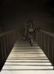 Rule 34 | 1girl, ahoge, covered mouth, curled horns, dinosaur girl, greyscale, horns, long hair, looking at viewer, mask, monochrome, mouth mask, one piece, pink eyes, raine (acke2445), shirt tucked in, skirt, solo, spot color, stairs, talons, ulti (one piece)