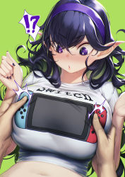 Rule 34 | !?, 1girl, alternate breast size, black nails, blueorca, blush, breasts, creatures (company), english text, game freak, grabbing, grabbing another&#039;s breast, green background, groping, hairband, hands up, hex maniac (pokemon), highres, large breasts, long hair, nail polish, navel, nintendo, nintendo switch, pointy ears, pokemon, pokemon xy, purple eyes, purple hair, purple hairband, shirt, short sleeves, solo focus, stomach, sweat, t-shirt, upper body, white shirt