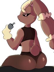 Rule 34 | 1girl, animal nose, arm at side, ass, back, bare shoulders, black pantyhose, black sclera, black shirt, black shorts, body fur, bottle, brown fur, colored sclera, creatures (company), crop top, female focus, from behind, furry, furry female, game freak, gen 4 pokemon, half-closed eyes, hand up, highres, holding, holding bottle, keyesu, long ears, looking at viewer, looking back, lopunny, mega lopunny, mega pokemon, micro shorts, midriff, nintendo, pantyhose, pink eyes, pokemon, pokemon (creature), profile, rabbit ears, rabbit girl, rabbit tail, shiny clothes, shirt, shorts, simple background, sitting, sleeveless, sleeveless shirt, solo, two-tone fur, water bottle, white background, yellow fur