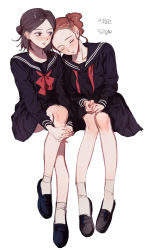 Rule 34 | 2girls, black footwear, black sailor collar, black serafuku, black shirt, black skirt, blush, bow, bowtie, brown eyes, brown hair, character request, closed mouth, highres, identity v, interlocked fingers, invisible chair, korean text, long sleeves, miniskirt, multiple girls, neckerchief, own hands together, red bow, red neckwear, sailor collar, school uniform, serafuku, shirt, shoes, simple background, sitting, skirt, socks, translation request, undone neckerchief, white background, white socks, yp (pypy 5 )
