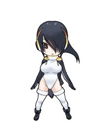 Rule 34 | 1girl, animal costume, animal ear fluff, animal ears, black eyes, black hair, boots, breasts, emperor penguin (kemono friends), expressionless, full body, grey footwear, hair over one eye, headphones, highleg, highleg leotard, highres, hood, hood down, hooded jacket, hoodie, jacket, kemono friends, large breasts, leotard, light blush, long hair, looking at viewer, official art, open clothes, open hoodie, simple background, solo, standing, tachi-e, tail, thick thighs, thighhighs, thighs, transparent background, white background, white leotard, white thighhighs, wide hips, yoshizaki mine