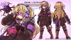 Rule 34 | 1girl, alternate costume, backpack, bag, bespectacled, black gloves, black jumpsuit, blonde hair, bulletproof vest, character sheet, choker, commentary, drone, english commentary, fischl (genshin impact), from behind, genshin impact, glasses, gloves, green eyes, hair between eyes, headset, introvert-kun, jumpsuit, long hair, long sleeves, looking at viewer, sidelocks, simple background, solo, tactical clothes, two side up
