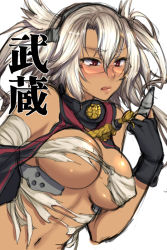 Rule 34 | 10s, 1girl, ammunition, black gloves, blonde hair, blush, breasts, budget sarashi, character name, dark-skinned female, dark skin, fingerless gloves, glasses, gloves, headgear, kantai collection, large breasts, long hair, musashi (kancolle), navel, open mouth, personification, pointy hair, red eyes, sarashi, shiny skin, shoukaki (earthean), solo, torn clothes, twintails