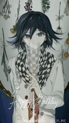 Rule 34 | 1boy, arm at side, black hair, checkered clothes, checkered scarf, closed mouth, commentary, danganronpa (series), danganronpa v3: killing harmony, dated, hair between eyes, hand up, happy birthday, highres, holding, if (toutoi0621), jacket, long sleeves, looking at viewer, male focus, oma kokichi, purple hair, revision, scarf, short hair, smile, solo, torn clothes, torn scarf, upper body, white jacket