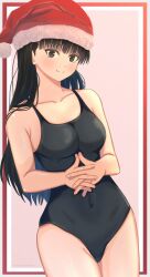 Rule 34 | 1girl, amagami, ayatsuji tsukasa, black eyes, black hair, blunt bangs, breasts, closed mouth, commentary request, competition swimsuit, covered navel, hat, highres, long hair, marurenkon, medium breasts, one-piece swimsuit, own hands together, santa hat, smile, solo, swimsuit