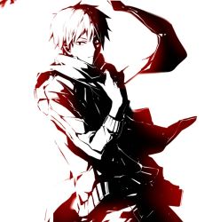 Rule 34 | 1boy, goodman (modapi95), jacket, jersey, kagerou project, kisaragi shintarou, looking at viewer, male focus, monochrome, red theme, scarf, serious, short hair, simple background, solo, track jacket, white background