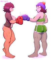 Rule 34 | 2girls, absurdres, ass, boxing gloves, breasts, deee, eyebrows, fang, green eyes, hat, highres, hiveswap, homestuck, joey claire, leotard, multiple girls, nepeta leijon, shirt, short hair, shorts, simple background, smile, standing, sweat, white background, yellow eyes