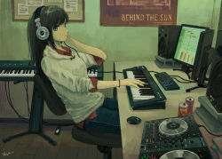Rule 34 | 1girl, black hair, can, chair, commentary, computer, denim, green eyes, headphones, hood, hoodie, indoors, instrument, jeans, kensight328, keyboard (computer), keyboard (instrument), long hair, looking at viewer, mixing console, mole, mole under eye, monitor, mouse (computer), office chair, original, pants, sitting, solo, speaker, swivel chair