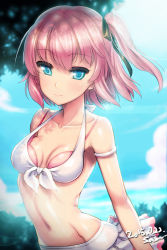 Rule 34 | 1girl, bikini, blue eyes, blush, bra, breasts, closers, cloud, dated, day, double top, ecell, front-tie top, lens flare, looking at viewer, navel, pink bra, pink hair, seulbi lee, short hair, side ponytail, small breasts, smile, solo, strap gap, swimsuit, underwear