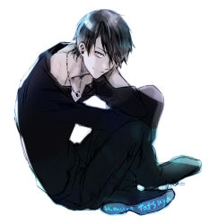 Rule 34 | 1boy, black footwear, black hair, black pants, black shirt, character name, commentary, crossed ankles, english commentary, from side, full body, grey eyes, hair over one eye, hand up, himuro tatsuya, hunched over, jewelry, knees up, kuroko no basuke, long sleeves, looking at viewer, male focus, mole, mole under eye, necklace, one eye covered, pants, pendant, shirt, shoe soles, short hair, simple background, sitting, sketch, smile, solo, white background, yooani