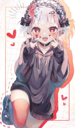 Rule 34 | 1girl, animal ear legwear, black choker, black footwear, black sweater, border, choker, commentary request, drawstring, drop shadow, eyelashes, feet up, hands up, heart, heart-shaped pupils, highres, hood, hood down, hooded sweater, indie virtual youtuber, kuromu (96-94), long sleeves, looking at viewer, medium hair, no pants, notice lines, open mouth, outside border, red eyes, red nails, red thighhighs, sabita hagane, sharp teeth, sleeves past wrists, smile, solo, sweater, symbol-shaped pupils, teeth, thighhighs, virtual youtuber, white border, white hair