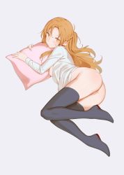 Rule 34 | 1girl, absurdres, ass, asuna (sao), black thighhighs, blush, braid, breasts, closed mouth, commentary, commission, english commentary, from behind, full body, grey background, highres, long hair, looking at viewer, looking back, lying, medium breasts, milim nova, naked shirt, nipples, no shoes, on side, one side up, orange eyes, orange hair, pussy, shirt, side braid, simple background, smile, solo, sword art online, thighhighs, uncensored