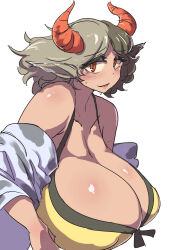 Rule 34 | 1girl, animal ears, animal print, bare shoulders, black hair, breast hold, breasts, cleavage, collarbone, commentary request, cow ears, cow horns, cow print, detached sleeves, dot nose, enajii, eyelashes, from side, gigantic breasts, grey hair, highres, horns, huge breasts, leaning forward, light blush, looking at viewer, multicolored hair, open mouth, red eyes, red horns, shiny skin, short hair, simple background, solo, split-color hair, sweat, sweatdrop, tan, tank top, tareme, touhou, upper body, ushizaki urumi, white background, white sleeves, yellow tank top