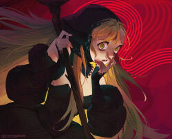 Rule 34 | 1girl, asymmetrical bangs, bare shoulders, black dress, black hood, blonde hair, commentary, detached hood, detached sleeves, dress, dungeon meshi, ear covers, elf, from side, gamza, green eyes, hands up, highres, holding, holding staff, hood, hood up, lace-trimmed headwear, lace trim, long hair, long sleeves, looking at viewer, marcille donato, marcille donato (lord), official alternate costume, open mouth, pointy ears, red background, solo, spoilers, staff, sweat, symbol-shaped pupils, twitter username, upper body