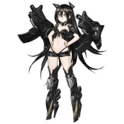 Rule 34 | &gt;:(, 1girl, arm armor, armor, bare shoulders, black bustier, black choker, black footwear, black hair, black shorts, boots, breasts, bustier, choker, cleavage, closed mouth, crop top, crossed bangs, frown, full body, girls&#039; frontline, greaves, gun, hair between eyes, hands on own hips, headgear, high heel boots, high heels, infukun, judge (girls&#039; frontline), long hair, looking at viewer, mechanical boots, medium breasts, micro shorts, navel, official art, photoshop (medium), sangvis ferri, shorts, shoulder cannon, simple background, solo, standing, strapless, suspender shorts, suspenders, thigh gap, third-party source, translated, transparent background, v-shaped eyebrows, very long hair, weapon, yellow eyes