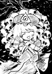 Rule 34 | 1girl, :d, closed eyes, greyscale, happy, hat, highres, holding, holding skull, japanese clothes, kimono, long sleeves, mob cap, mokoutoissyo, monochrome, hugging object, open mouth, saigyouji yuyuko, short hair, skull, smile, solo, touhou, triangular headpiece