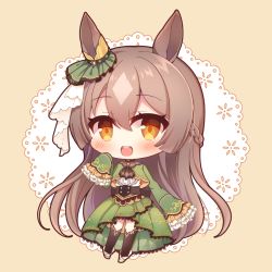 Rule 34 | 1girl, :d, animal ears, black thighhighs, blush, boots, braid, brown background, brown eyes, brown hair, center frills, chibi, commentary request, doily, frilled sleeves, frills, full body, green jacket, green skirt, hair between eyes, half updo, horse ears, jacket, long hair, long sleeves, looking at viewer, multicolored hair, open mouth, pleated skirt, satono diamond (umamusume), shirt, skirt, sleeves past fingers, sleeves past wrists, smile, solo, teeth, thighhighs, thighhighs under boots, two-tone hair, umamusume, upper teeth only, very long hair, white footwear, white shirt, yukiyuki 441