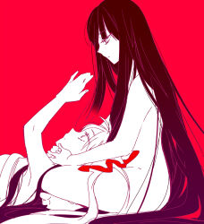 Rule 34 | 2girls, black hair, bow, closed mouth, commentary request, crossed legs, fujiwara no mokou, hair bow, hands on another&#039;s neck, houraisan kaguya, lap pillow, light frown, long hair, looking at another, lying, multiple girls, nude, on back, red background, sitting, touhou, very long hair, yonu (yonurime)