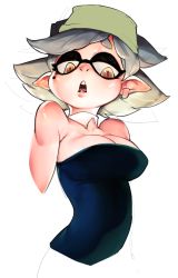 Rule 34 | 1girl, :o, bad id, bad tumblr id, bare shoulders, breasts, cleavage, detached collar, dress, earrings, fang, female focus, half-closed eyes, inkling, jewelry, large breasts, looking down, marie (splatoon), mask, mole, mole under eye, nintendo, open mouth, pointy ears, roropull, silver hair, simple background, sketch, solo, strapless, strapless dress, tentacle hair, upper body, white background, yellow eyes