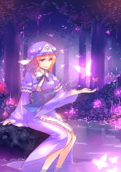 Rule 34 | 1girl, absurdres, breasts, bug, butterfly, cherry blossoms, female focus, forest, glowing, hat, highres, bug, japanese clothes, nanayuna, nature, obi, petals, pink eyes, pink hair, reflection, saigyouji yuyuko, sash, short hair, sitting, smile, soaking feet, solo, touhou, tree, triangular headpiece, water