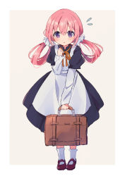 Rule 34 | 1girl, :o, apron, asanagi kurumi (panda-doufu), bag, black dress, blush, brown background, clenched hand, dress, flying sweatdrops, full body, hair ornament, hair rings, hair scrunchie, hand on own chest, hand up, highres, holding, holding bag, layered sleeves, long sleeves, looking at viewer, maid, mary janes, original, pink hair, puffy short sleeves, puffy sleeves, purple eyes, purple footwear, scrunchie, shirt, shoes, short over long sleeves, short sleeves, socks, solo, twintails, white apron, white scrunchie, white shirt, white socks