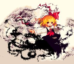 Rule 34 | 1girl, blonde hair, airplane arms, fang, hair ornament, hair ribbon, looking at viewer, lowres, open mouth, outstretched arms, pixel art, red eyes, ribbon, rumia, smoke, solo, spread arms, tea basira, touhou