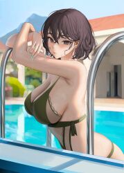 Rule 34 | 1girl, bare arms, bare shoulders, black hair, blush, breasts, cleavage, closed mouth, from side, green nails, highres, large breasts, looking at viewer, mole, mole under eye, myabit, nail polish, outdoors, pool, short hair, solo, water