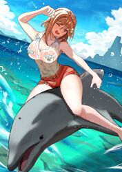 Rule 34 | 1girl, ;d, arm up, atelier (series), atelier ryza, atelier ryza 3, barefoot, blue sky, braid, breast pocket, breasts, brown eyes, cleavage, cloud, collared shirt, commentary request, crown braid, dolphin, hair between eyes, hair ornament, hairpin, hand up, highres, large breasts, ocean, one eye closed, open mouth, pocket, red shorts, reisalin stout, riding, riding animal, shirt, short shorts, shorts, sky, sleeveless, sleeveless shirt, smile, wet, wet clothes, wet shirt, x hair ornament, yu da yu da