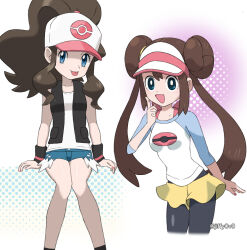 Rule 34 | 2girls, :d, arm support, baseball cap, black vest, blue eyes, bow, breasts, bright pupils, brown hair, commentary, creatures (company), denim, denim shorts, double bun, doughnut hair bun, eyelashes, game freak, hair bun, hat, high ponytail, hilda (pokemon), invisible chair, jiffy0v0, knees together feet apart, long hair, looking at viewer, medium breasts, multiple girls, nintendo, open mouth, pantyhose, pantyhose under shorts, pink bow, pokemon, pokemon bw, pokemon bw2, raglan sleeves, rosa (pokemon), shirt, short shorts, shorts, sidelocks, sitting, sleeveless, sleeveless shirt, sleeves past elbows, smile, tongue, tongue out, twintails, vest, visor cap, white background, white pupils, white shirt, wristband, yellow shorts