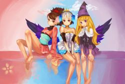 Rule 34 | 3girls, anonymous drawfag, bare shoulders, barefoot, blonde hair, blue eyes, brown hair, choker, company connection, crossover, crown, drawfag, dress, grimgrimoire, gwendolyn (odin sphere), hair up, hat, highres, japanese clothes, kimono, lillet blan, long hair, momohime, multiple crossover, multiple girls, nippon ichi, non-web source, oboro muramasa, odin sphere, purple eyes, short hair, short kimono, skirt, strapless, strapless dress, updo, vanillaware, white hair, wings, witch, wizard hat