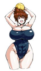 Rule 34 | 1girl, abs, alternate breast size, arms up, artist request, ball, bare legs, blue one-piece swimsuit, breasts, brown eyes, brown hair, cleavage, covered navel, curvy, happy, highleg, highleg swimsuit, honoo no toukyuuji: dodge danpei, huge breasts, ichigeki haruka, looking at viewer, mature female, medium hair, one-piece swimsuit, shiny skin, smile, solo, standing, swimsuit, wide hips