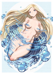 Rule 34 | 1girl, :o, blonde hair, blue eyes, character request, convenient censoring, groin, highres, kous (onetwojustice), long hair, looking at viewer, navel, nude, romancing saga 2, saga, solo, very long hair, water, water censor