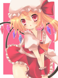 Rule 34 | 1girl, ascot, blonde hair, blouse, blush, collared shirt, embodiment of scarlet devil, female focus, flandre scarlet, hair between eyes, hat, mob cap, pink background, red eyes, red wrist cuffs, shirt, side ponytail, simple background, solo, touhou, white hat, white shirt, wrist cuffs, yumemomosaka
