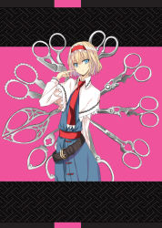Rule 34 | 1girl, alice margatroid, blonde hair, blue dress, blue eyes, buckle, capelet, dress, female focus, hairband, head tilt, looking at viewer, nabeshima tetsuhiro, necktie, pink background, pointing, pointing at self, sash, scissors, short hair, solo, standing, touhou