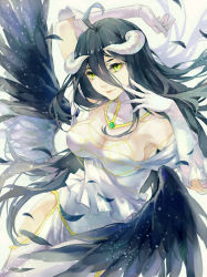 Rule 34 | 1girl, ahoge, albedo (overlord), arm behind head, black hair, breasts, bridal gauntlets, feathers, gloves, green eyes, hip vent, horns, large breasts, long hair, overlord (maruyama), rosa (10134184), solo, wings