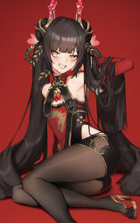 Rule 34 | 1girl, absurdres, ass, black hair, black shorts, black survival, blush, brown pantyhose, china dress, chinese clothes, commentary, detached sleeves, dragon print, dress, eternal return: black survival, eyebrows hidden by hair, flat chest, foot out of frame, gold trim, grin, hand on own head, hand up, high heels, highres, pantyhose under shorts, li dailin, long hair, long sleeves, looking at viewer, makeup, pantyhose, red background, red sleeves, short shorts, shorts, simple background, smile, solo, strapless, strapless dress, teeth, thighs, tunamayo (dsasd751), very long hair, yellow eyes