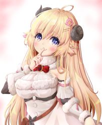 Rule 34 | 1girl, ahoge, animal ears, bare shoulders, belt pouch, blonde hair, blue eyes, blush, bow, bowtie, braid, breasts, brooch, chibimame, closed mouth, detached sleeves, dress, finger to mouth, fingernails, fur-trimmed dress, fur-trimmed sleeves, fur trim, hair ornament, hairclip, half updo, halter dress, halterneck, highres, hololive, horns, jewelry, large breasts, long hair, looking at viewer, pouch, ribbed sleeves, sheep ears, sheep girl, sheep horns, shushing, sleeveless, sleeveless dress, smile, solo, tsunomaki watame, tsunomaki watame (1st costume), underbust, virtual youtuber, white dress