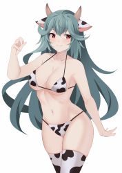Rule 34 | 1girl, animal ears, animal print, bikini, blue hair, blush, breasts, chaos aurora (grimms notes), cleavage, cow ears, cow horns, cow print, grimms notes, highres, horns, large breasts, long hair, looking to the side, miya star saa, navel, red eyes, simple background, smile, solo, swimsuit, white background