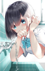 Rule 34 | 1girl, black hair, blue bow, blue eyes, blurry, blurry background, blurry foreground, blush, bob cut, bow, collared shirt, covered mouth, depth of field, diagonal stripes, dress shirt, faucet, hair between eyes, hands up, highres, indoors, neku (neku draw), original, school uniform, shirt, solo, striped, striped bow, sunlight, tile wall, tiles, upper body, water, white shirt, window