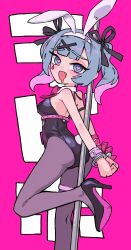 Rule 34 | 1girl, arms behind back, bare shoulders, black leotard, bound, bound arms, cuffs, fang, hair ornament, handcuffs, harness, hatsune miku, heart, heart-shaped pupils, leotard, medium hair, multicolored hair, osakechan0, pink background, playboy bunny, pole, rabbit hair ornament, rabbit hole (vocaloid), ribbon, standing, standing on one leg, symbol-shaped pupils, thigh strap, vocaloid, wrist cuffs