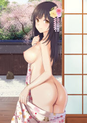 Rule 34 | 1girl, ass, back, black hair, blush, breasts, brown eyes, cherry blossoms, closed mouth, cowboy shot, floral print, flower, hair flower, hair ornament, indoors, japanese clothes, kimono, large breasts, long hair, looking at viewer, looking back, n.g., nipples, open clothes, open kimono, original, pink flower, pink kimono, print kimono, rose, sliding doors, smile, solo, spring (season), tree, yellow flower, yellow rose