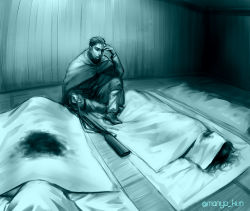 Rule 34 | 1boy, aqua theme, bad id, bad pixiv id, bed sheet, belt pouch, blood, blood stain, blue theme, cape, corpse, golden kamuy, hand up, indoors, looking at viewer, male focus, manya-kun, monochrome, ogata hyakunosuke, pants, pouch, shoes, sitting, solo, twitter username