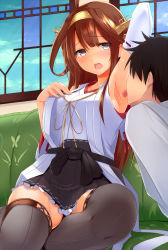 Rule 34 | 10s, 1boy, 1girl, admiral (kancolle), agarwood, ahoge, arm up, licking armpit, armpits, bare shoulders, black eyes, black skirt, blue sky, blush, boots, breasts, brown hair, collarbone, couch, day, detached sleeves, double bun, frilled skirt, frills, hairband, hakama, hakama short skirt, hakama skirt, headgear, indoors, japanese clothes, kantai collection, kongou (kancolle), large breasts, licking, long hair, long sleeves, looking at viewer, nontraditional miko, open mouth, ribbon-trimmed sleeves, ribbon trim, sash, sitting, skirt, sky, solo focus, thigh boots, thighhighs, wide sleeves, yokozuwari