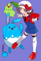 Rule 34 | 1girl, azumarill, blue overalls, blush stickers, bow, brown eyes, brown hair, cabbie hat, chikorita, clenched hand, creatures (company), game freak, gen 2 pokemon, hat, hat bow, highres, long hair, lyra (pokemon), momotose (hzuu xh4), nintendo, overalls, pokemon, pokemon (creature), pokemon hgss, purple background, red bow, red footwear, red shirt, shirt, shoes, simple background, thighhighs, twintails, twitter username, watermark, white headwear