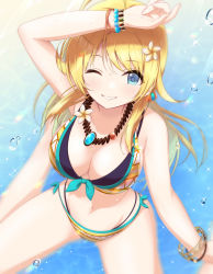 Rule 34 | 1girl, :d, akisaka yamoka, antenna hair, arm on own head, arm up, bare legs, barefoot, beach, bikini, blonde hair, blue eyes, blush, bracelet, breasts, cleavage, collarbone, from above, front-tie bikini top, front-tie top, hachimiya meguru, hair ornament, highres, idolmaster, idolmaster shiny colors, jewelry, large breasts, layered bikini, long hair, looking at viewer, necklace, one eye closed, open mouth, outdoors, sand, seiza, side-tie bikini bottom, sitting, sleeveless, smile, solo, spread legs, sunlight, swimsuit, water, water drop